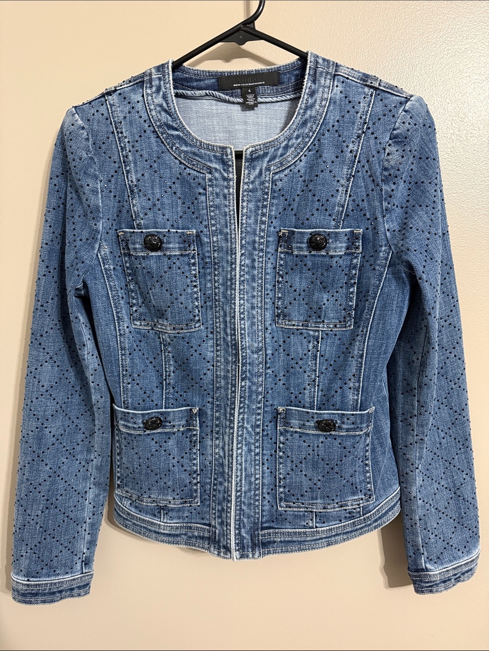 Rare WHBM Hillary Heatset Embellished Denim Jacket Structured Sparkle Women's 4